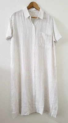 -New Eileen Fisher Organic Linen Striped Shirt Dress In Bronze. Size Large - Image 1 of 4
