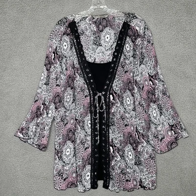 Top para mujer Signature by Larry Levine 3X púrpura negro blanco manga campana plisada Foto 1 de 4