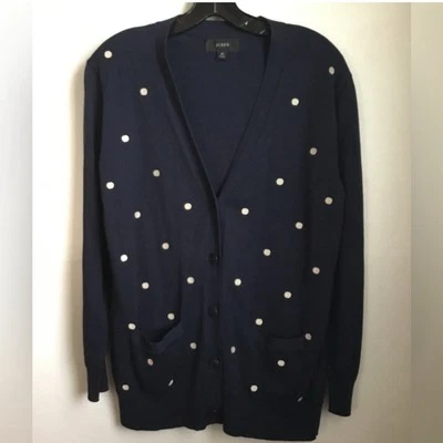 NWOT J. Crew Navy Blue With Ivory Embroidered Polka Dots V-Neck Cardigan Size XS - Image 1 of 4