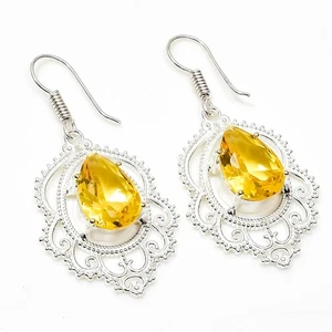 925 Sterling Silver Yellow Citrine Gemstone Handmade Jewelry Earring Size-1.8" - Picture 1 of 4