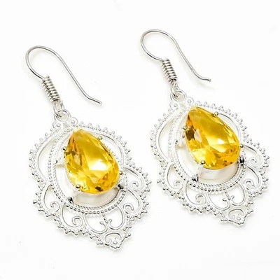 925 Sterling Silver Yellow Citrine Gemstone Handmade Jewelry Earring Size-1.8" - Image 1 of 4