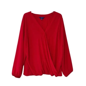 APT. 9 Woman Faux Wrap Blouse Top Plus Size 2X Red Long Bishop Sleeve Career - Picture 1 of 12