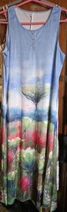 NEW SKY BLUE SCENIC FLORAL PRINT MAXI KAFTAN SLEEVELESS DRESS POCKETS V NECK L - Picture 1 of 7