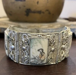 Antique Chinese Export Silver Filigree Hand Carved Painted Geisha Bracelet Wide - Picture 1 of 11