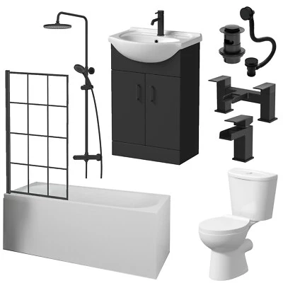 AURORA Complete Bathroom Suite Black Bath Shower Screen Vanity Basin Taps Toilet 1700