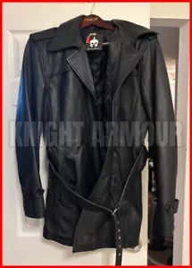 Men's Black Genuine Leather Soft Lambskin Trench Coat Mid-Length Overcoat Jacket - Picture 1 of 5