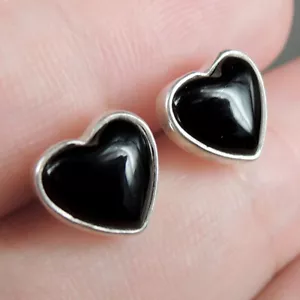 Black Resin 925 Sterling Silver Small heart Earrings Studs Jewellery Hand Made - Picture 1 of 6