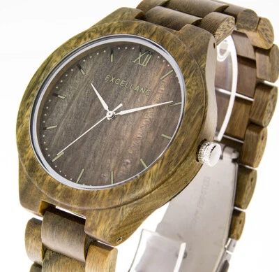 Excellanc Holzuhr Herrenuhr 45mm grünes Sandelholz Holzarmband - Bild 1 von 3