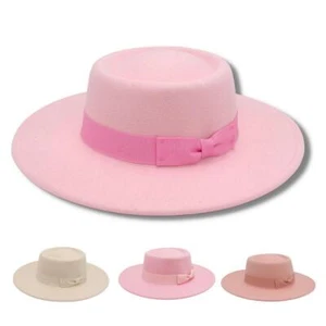 Men Women Wide Hat Bow Panama Felt Fedoras Brim Simple Church Derby Top Hats - Picture 1 of 24