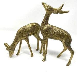 Brass Deer Figures Doe And Buck Figurines 4.5" Doe 7" Buck Vintage Brass Set - Picture 1 of 8