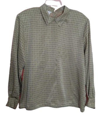 Vtg JONES NEW YORK Beige Satin Geometric Blouse Size 16 C2 Office Academia - Image 1 of 4