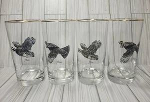 RICHARD E BISHOP Game Birds Highball Glasses GOLD Rim Quail Ruffled Grouse Set 4 - Picture 1 of 19
