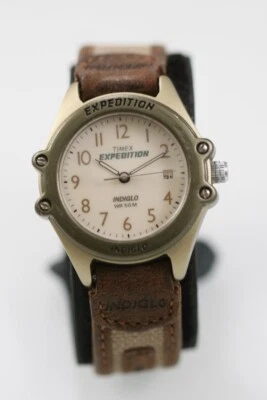 Orologio Da Donna Timex Oro Plastica Marrone Beige Tela 50m Data Beige Quarzo - Immagine 1 di 4