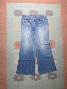 Vintage 70s maverick bell bottom jeans faded denim flare wide leg hippie 34x31 - Picture 1 of 13