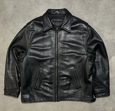 Jaqueta de couro preta masculina Winlet New York forro de colcha GG bombardeiro motociclista - Imagem 1 de 4