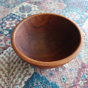 Kalmar Teak Wood Snack Bowl 6" h x 3.5" w Mid Century Modern Vintage Foil Label - Picture 1 of 15