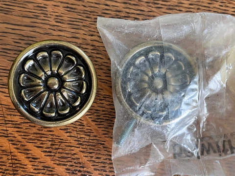 Pair NOS VTG Brass Cabinet Door Knobs Drawer Pulls Flower Antique Finish 2 5/8" Cover