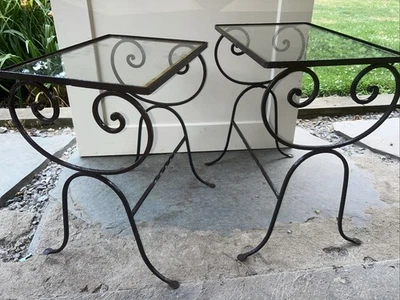 Complementary Pair NESTING Neoclassical Style Wrought Iron Glass Top Side Tables - Image 1 of 4