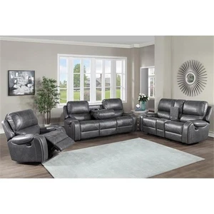 Bowery Hill Gray Faux Leather Manual Reclining 3-Piece Motion Set - Picture 1 of 11