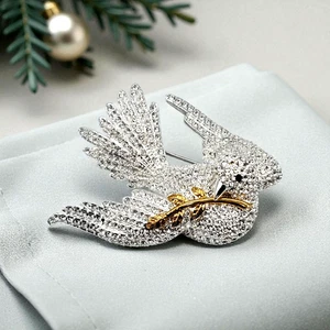 Joan Rivers Brooch Dove of Peace Vtg Bird Crystal Pave Olive Branch Estate Pin - Picture 1 of 10
