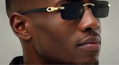 Gafas de sol sin montura con marco dorado de moda hip hop rectangulares de lujo con tinte negro para hombre Foto 1 de 4