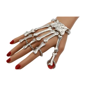 Women Silver Metal Bracelet 5 Long Finger Bones Skeleton Ring Adjustable Size - Picture 1 of 17