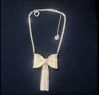 Betsey Johnson Rose Gold Big Bow Mesh Crystal Fringe Statement Necklace - Image 1 of 4