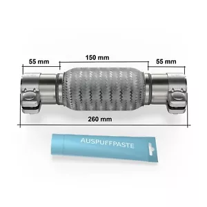 Edelstahl Flexrohr Auspuff 55 x 150 mm + 2 Schellen Flexstück Set ohne Schweißen - Bild 1 von 6
