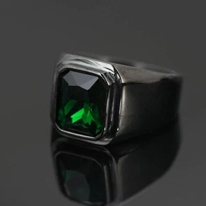 Vintage Green CZ Stone Signet Ring Stainless Steel Black Wedding Jewelry Ring - Picture 1 of 3