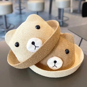 Cartoon Bear Straw Hat for Baby Toddler Boys Girls Roll Up Summer Beach Sun Hats - Picture 1 of 10