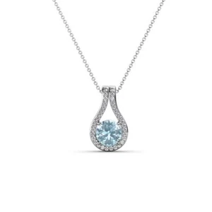 Aquamarine and Diamond Teardrop Pendant Necklace 0.32 ctw 14K Gold JP:229317 - Picture 1 of 13