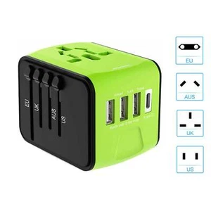 Universal International Travel AC Power Adapter Plug 3 USB+ Type C Charger Green - Picture 1 of 6