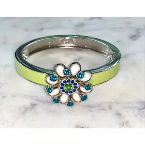 Lia Sophia Silver Full Bloom Flower Crystal Enamel Stretch Bracelet Signed - Picture 1 of 7