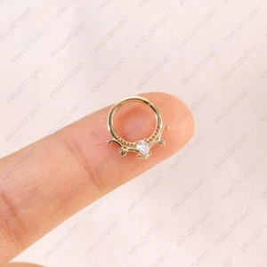 14K Solid Gold Natural Labradorite Dainty Vintage Septum Clicker, Nose Ring Hoop - Picture 1 of 11