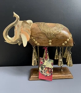 Jewel Of Mumbai Trunk Up Wood Elephant Brass Bells Statue Sculpture NWT AS IS - Picture 1 of 22