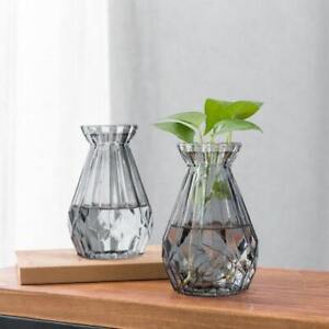Small Clear Gray Glass Bud Vase, Mini Diamond-Faceted Flower Vases, Set of 2