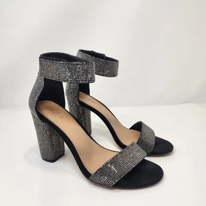 Call It Spring Black Rhinestone Vegan Block Heel Pumps Size 8 Ankle Strap - Picture 1 of 10