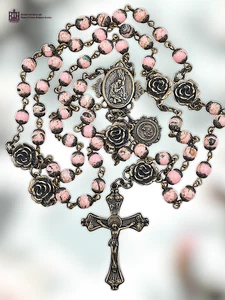 Maria Magdalena & Herz-Jesu Erbstück Rosenkranz | Bronze|Rosa Muschel Türkis - Bild 1 von 8