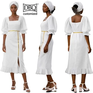 African Women Dress Half Puff Sleeves Mid-calf Length Summer Dress with Headwrap - Picture 1 of 21