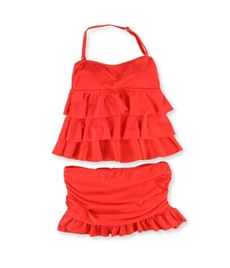 Island Escape Womens Tiered Ruffled Skirtini 2 Piece Bandeau, coral, 6 - Picture 1 of 2