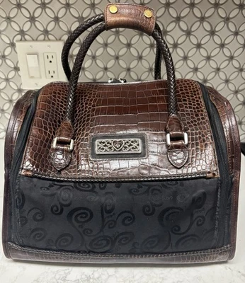 Brighton Lansky Black & Brown Croc Embossed Leather Weekender Toiletry Lined Bag - Image 1 of 4