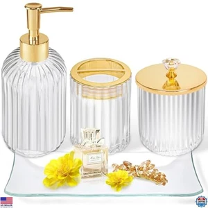 Gold Bathroom Accessories Set 4Pcs Glass Organizer, Toothbrush Holder, Soap - Picture 1 of 6