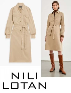 NILI LOTAN Gr. SMALL Agatha Midi-Shirtkleid mit Gürtel khaki Baumwolle Twill NEU - Bild 1 von 6
