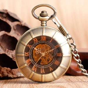 Retro Pocket Watch Mechanical Double Hunter Roman Numerals Dark Brown Glass Men - Picture 1 of 8