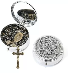 Collana Rosario Perline Pietra Ematite Antica Bronzo San Michele Nero - Scatola di Metallo - Foto 1 di 8