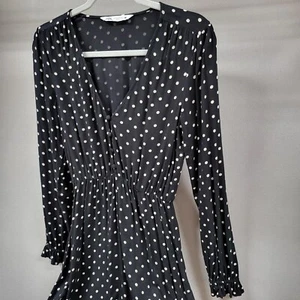 Vestido Zara para mujer talla XS negro a lunares manga larga cuello en V abertura lateral pin-up - Imagen 1 de 11