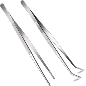 2 Pcs 12 Inch Silver Long Handle Stainless Steel Straight and Curved Tweezers Ni - Picture 1 of 5