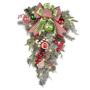 Pre-Lit Christmas Teardrop Swag for Decorating Outdoor, 24 Inch Red Green - Picture 1 of 7