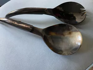 DRAMATIC HUGE Mid Century Modern 14" Long Set of Horn Salad Servers Spoon & Fork - Picture 1 of 8