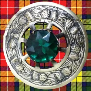 Scottish Kilt Fly Plaid Brooch Green Stone Antique 3"/Celtic Pin & Brooches - Picture 1 of 3